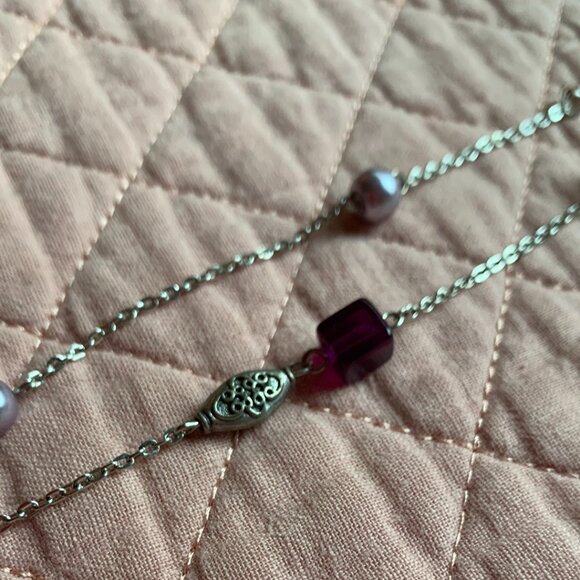 2x18$ ๐ ๐ CREATION - Purple & violet pearl Silver tone chains Beaded Necklace - Picture 6 of 7